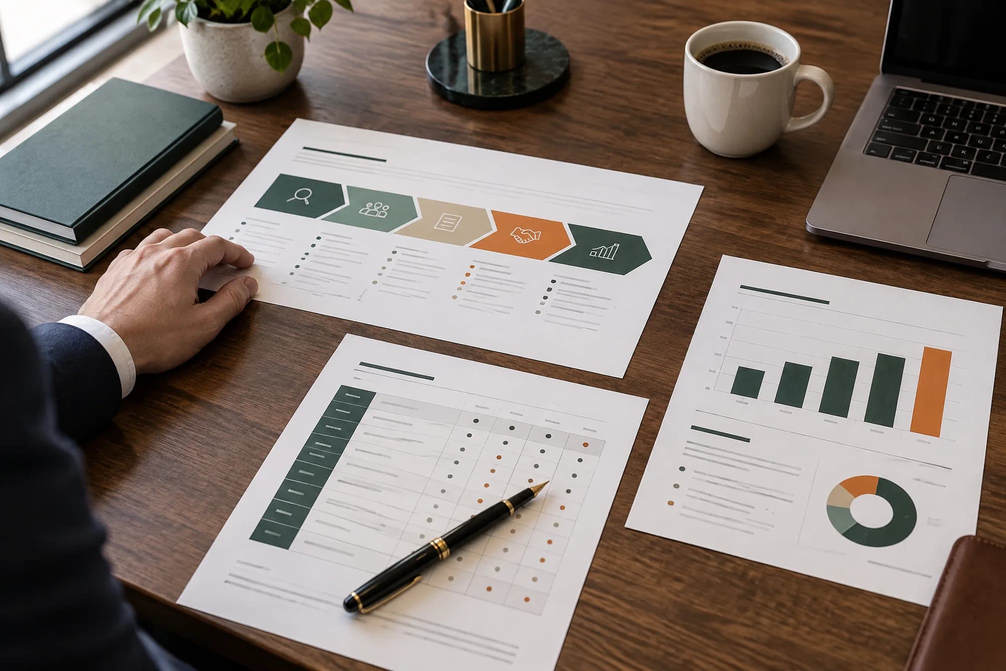 A sales process map, a qualification scorecard and a forecast sheet laid out on a desk
